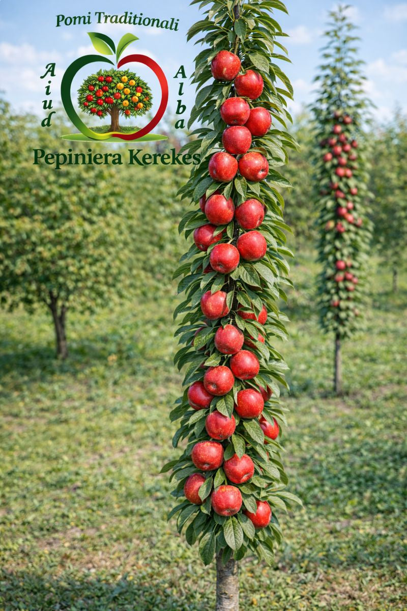 Fructe de măr columnar, mere gustoase cultivate pe pomi potriviți pentru spații mici fructe aromate și potrivite pentru grădini compacte.